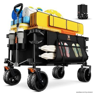 Best Beach Wagon like Navatiee Big Wheels Collapsible Wagon Cart Foldable, Heavy Duty Beach Wagon with Silent All-Terrain Wheels, Folding Utility Grocery Cart with Side Pocket and Brakes for Camping Garden Sports, Black