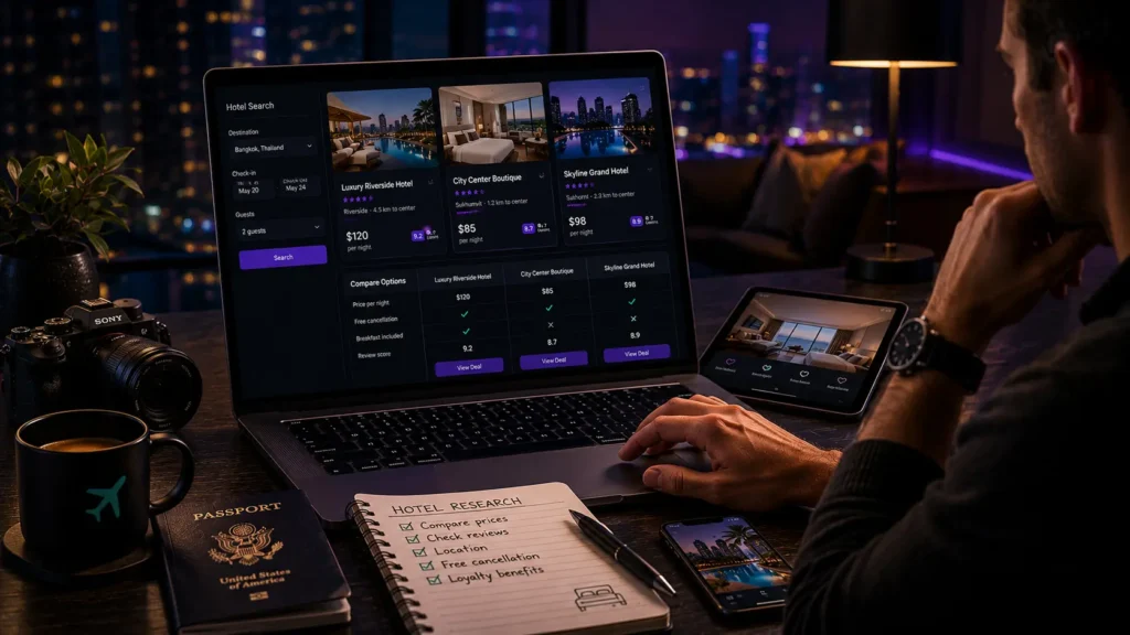 Traveler comparing hotel booking options and accommodation discounts