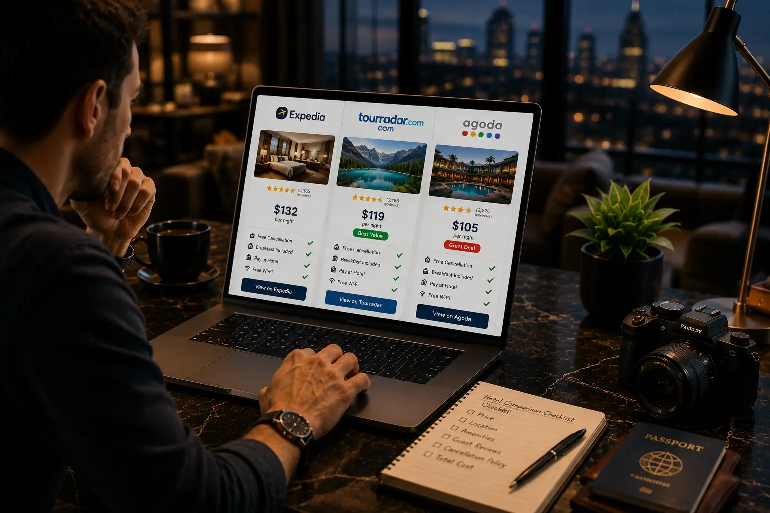 Hotel comparison dashboard showing prices from best hotel booking platforms