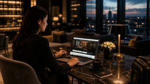 Best Hotel Booking Sites Traveler booking hotels online using a laptop in a luxury hotel lounge