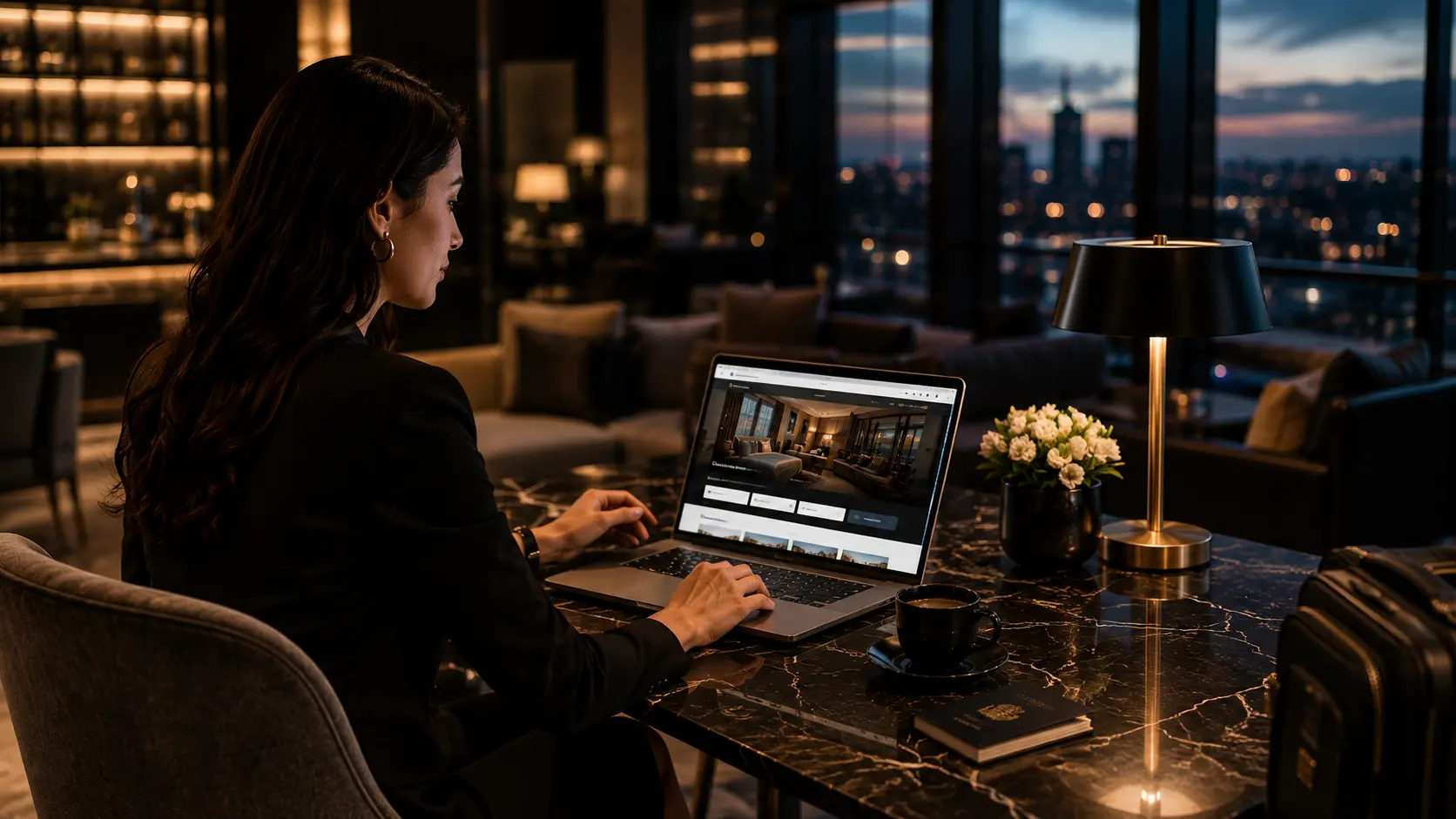 Best Hotel Booking Sites Traveler booking hotels online using a laptop in a luxury hotel lounge
