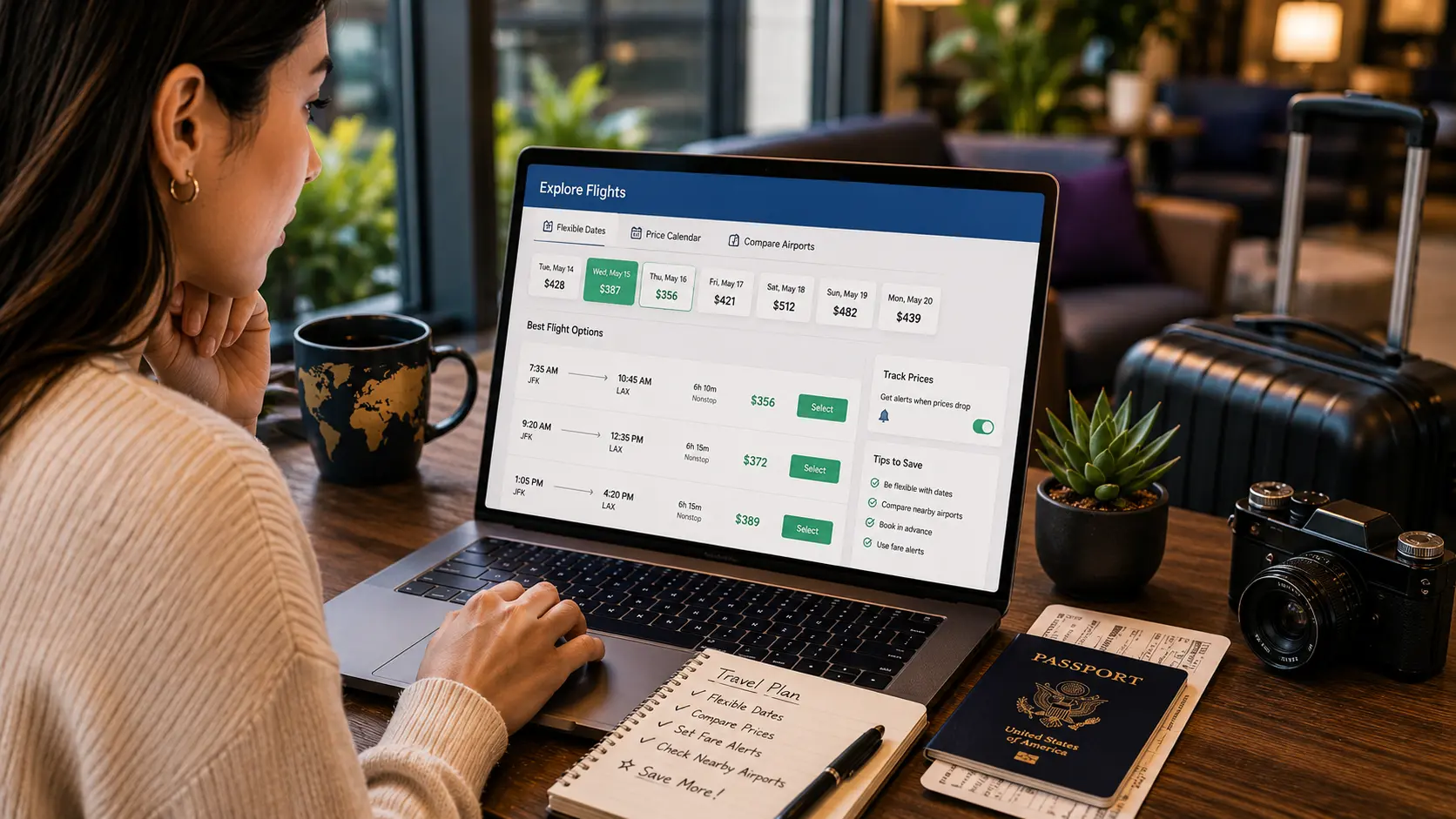 Smart Travel Deals Traveler using strategies to find cheap flights and save money on airfare