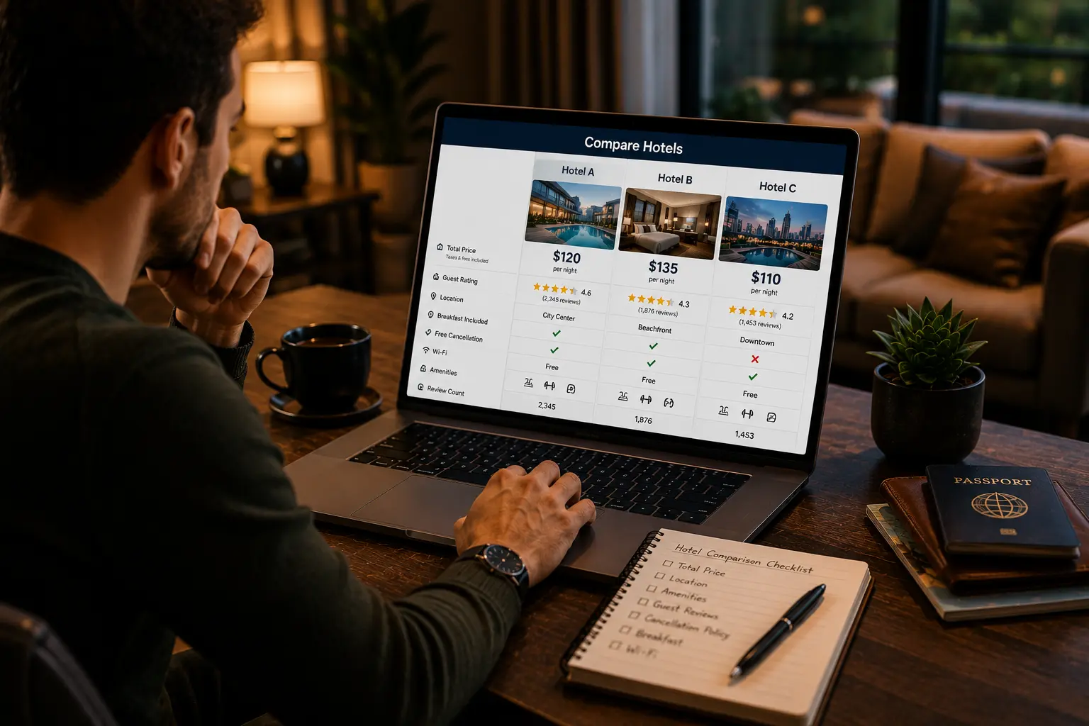 Traveler compare hotel prices amenities and guest ratings before booking