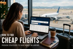 Traveler searching for how to find cheap flights and airfare deals online