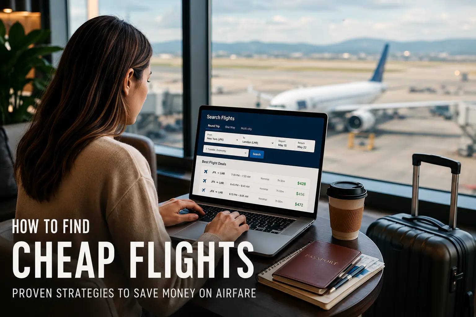 Traveler searching for how to find cheap flights and airfare deals online