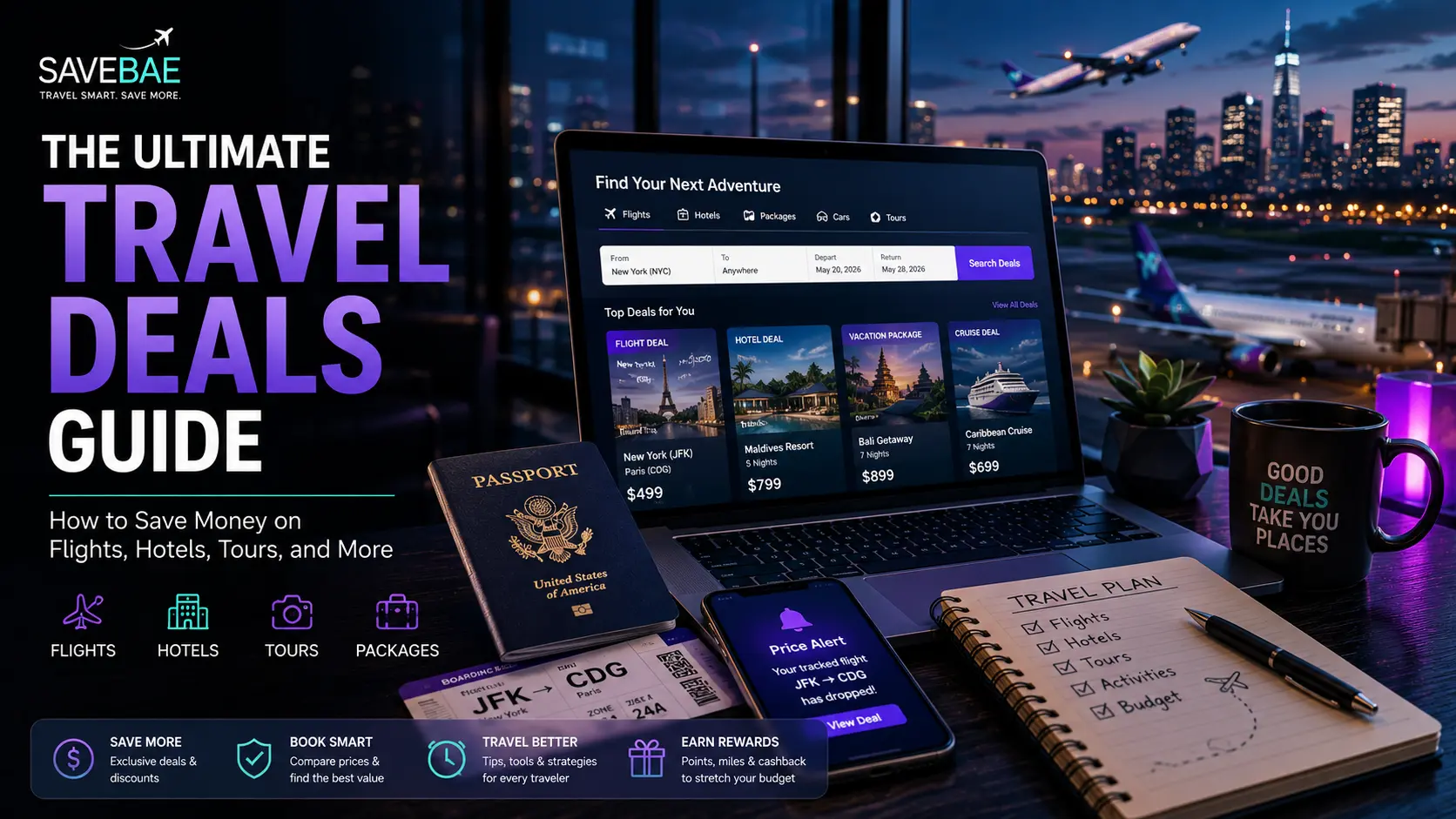 Travel deals guide showing a traveler searching for flight and hotel discounts online