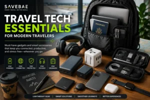 Travel tech essentials including a backpack, laptop, power bank, universal travel adapter, headphones, smartphone, smartwatch, passport, and charging accessories for modern travelers.