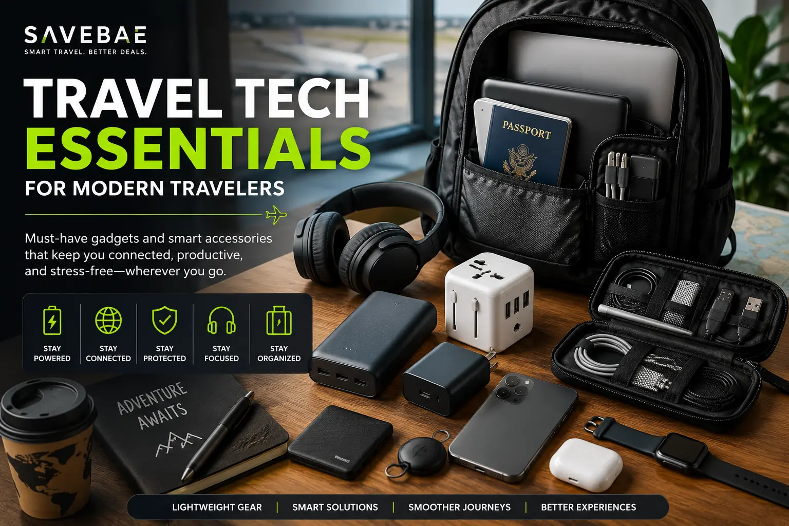 Travel tech essentials including a backpack, laptop, power bank, universal travel adapter, headphones, smartphone, smartwatch, passport, and charging accessories for modern travelers.