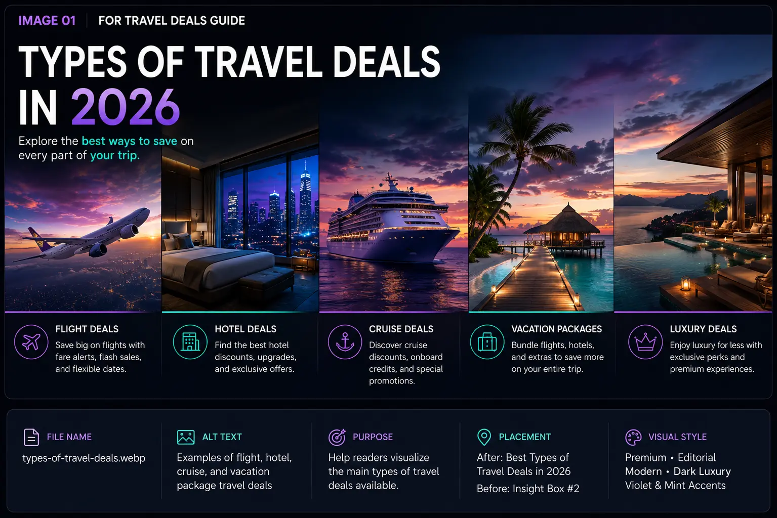 Examples of flight, hotel, cruise, and vacation package travel deals