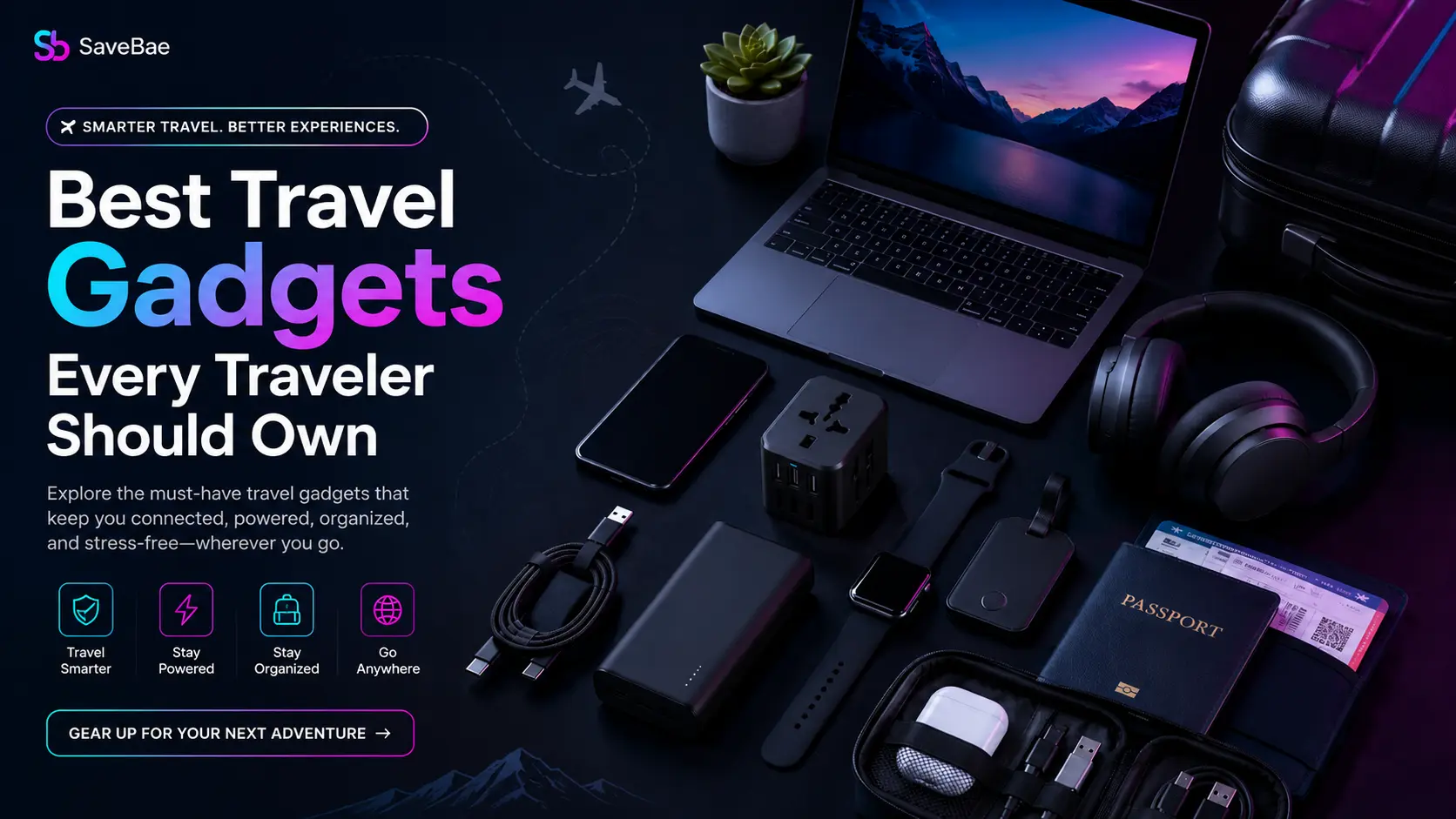 Essential Best travel gadgets including power bank, universal travel adapter, wireless headphones, smart luggage tracker, and portable travel accessories for modern travelers.