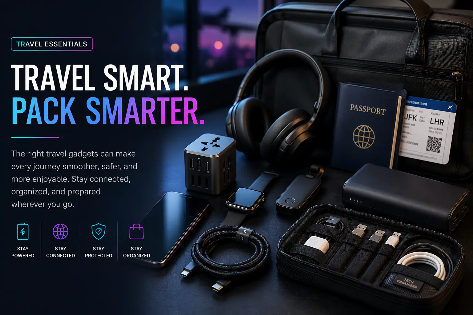 Modern & Best travel gadgets including noise-canceling headphones, universal travel adapter, power bank, smartphone, smartwatch, passport, and tech organizer for smarter travel.