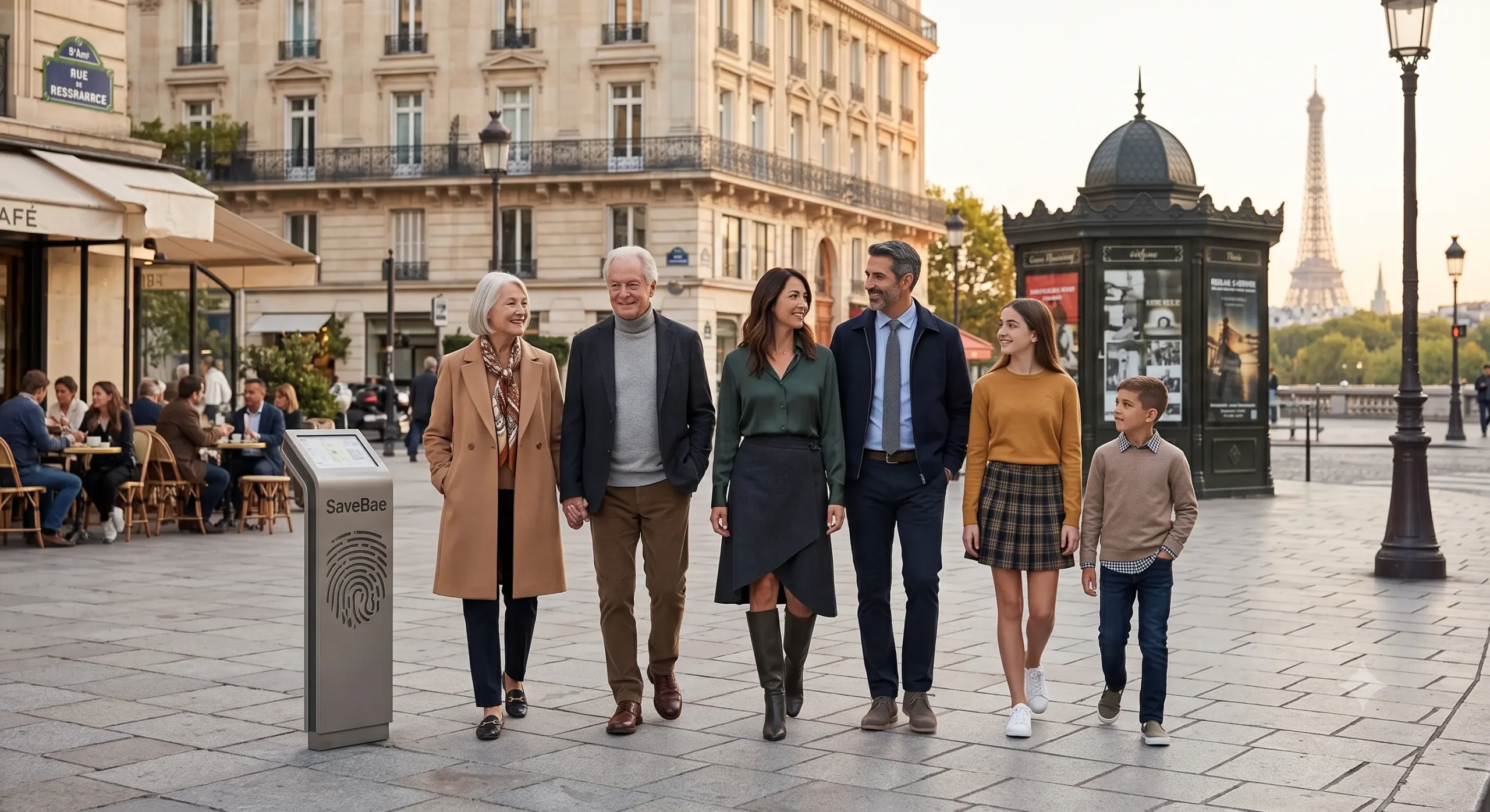 A multi-generational family of stylish travelers moving through a modern transit lounge, wearing coordinated premium outfits including technical hoodies, merino wool layers, and tailored stretch trousers.