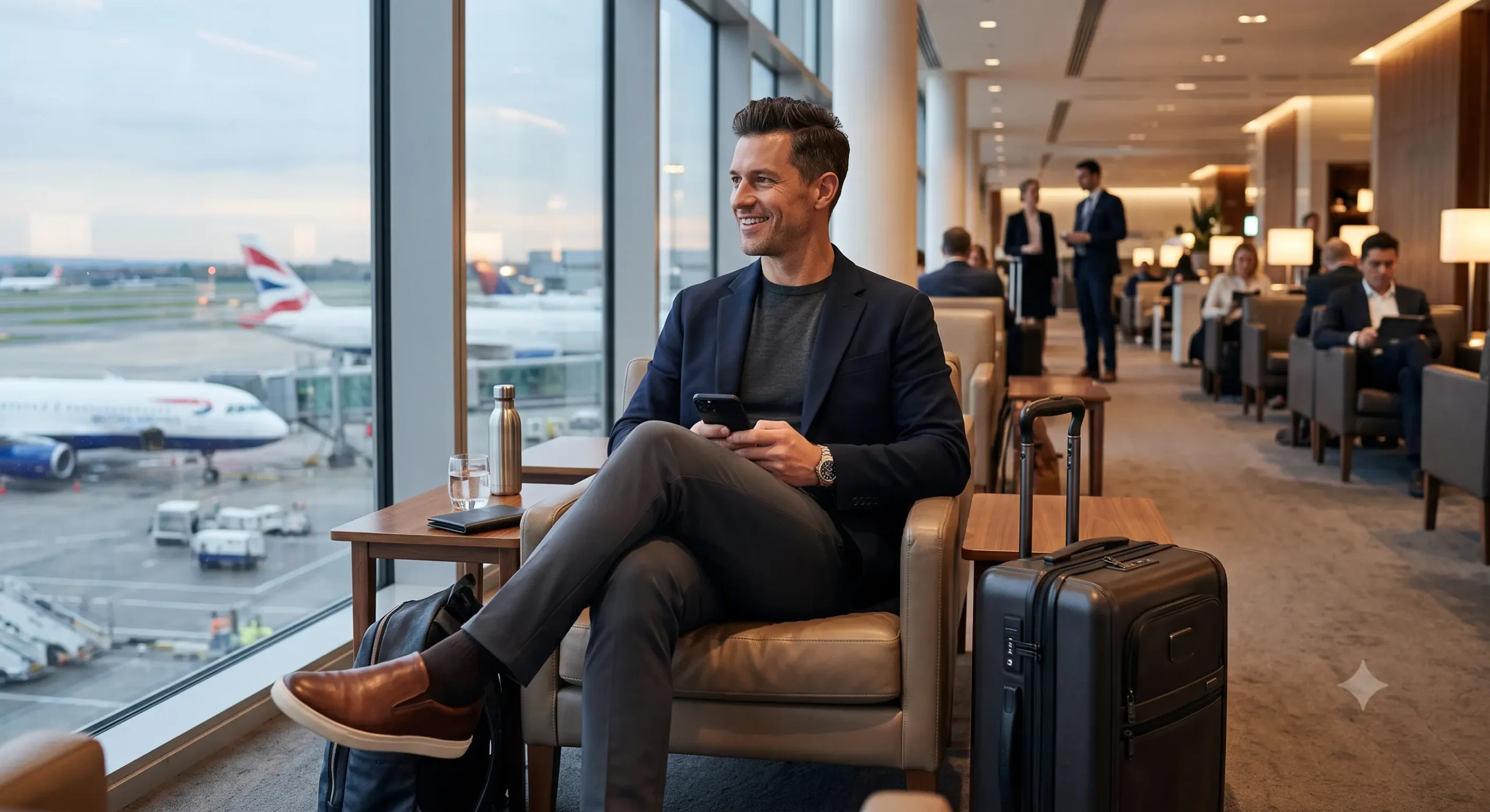 Bets Travel Outfit Ideas A well-dressed man smiles while looking out a large window overlooking airport runways from a comfortable, modern airport lounge, holding a smartphone with a suitcase beside him.