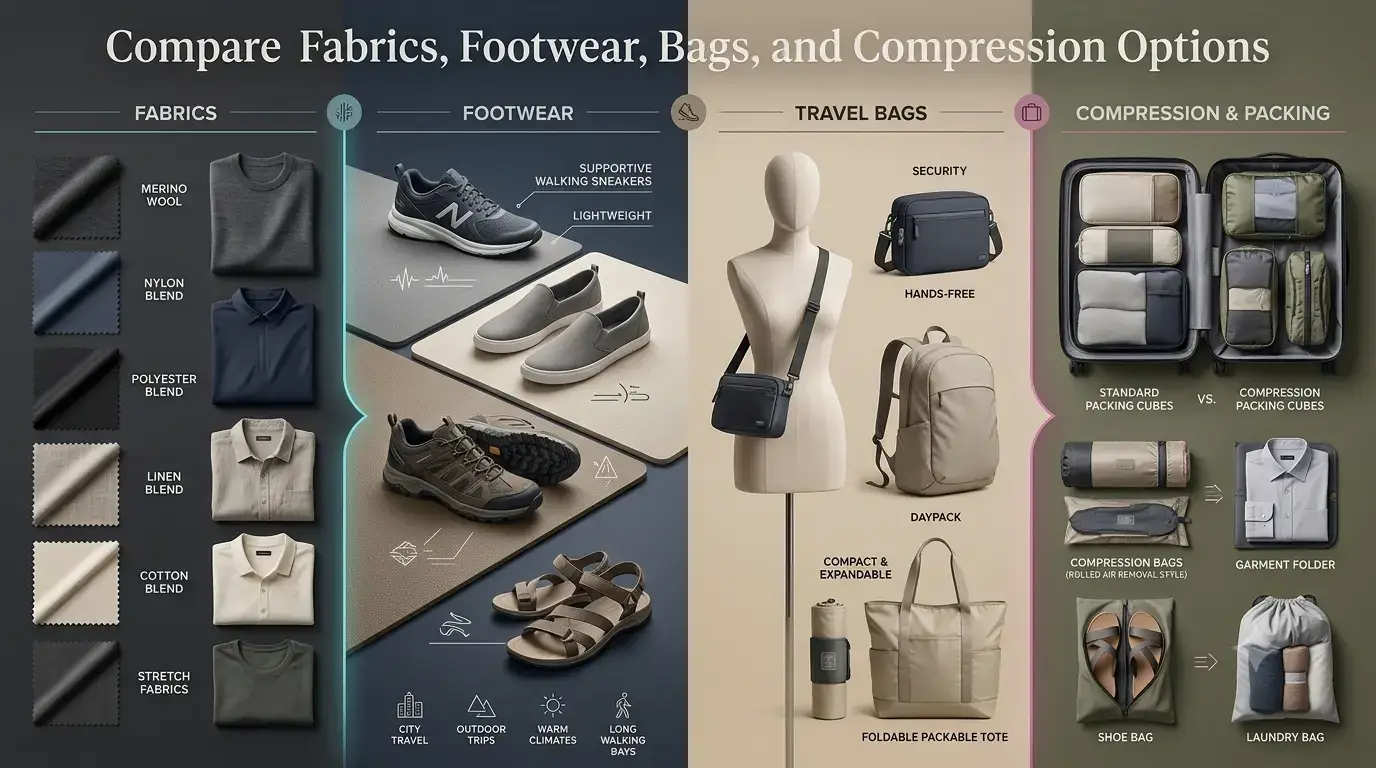 Compare Fabrics, Footwear, Bags, and Compression