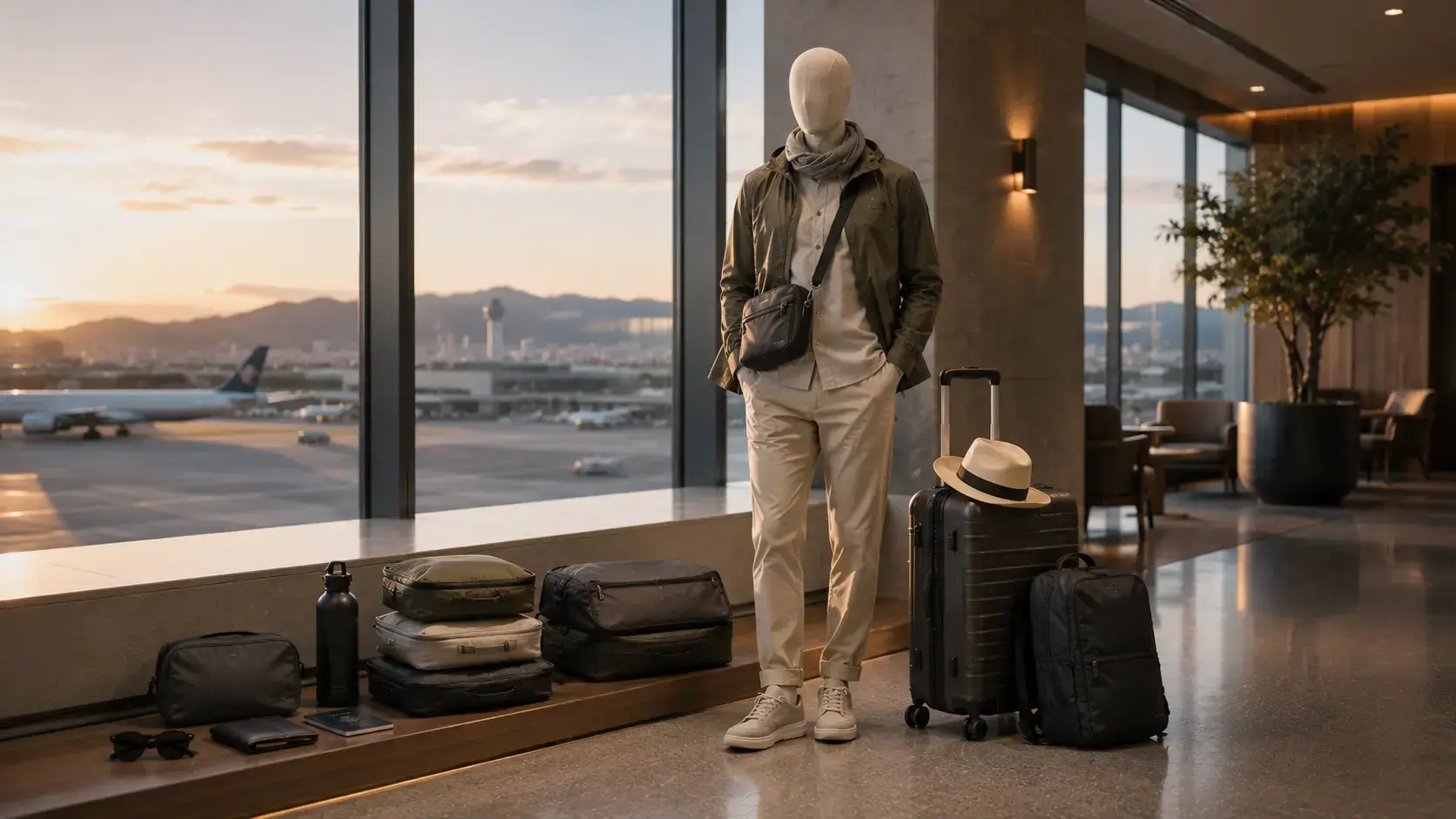 Faceless travel mannequin with versatile travel clothing, carry-on suitcase, backpack, packing cubes, travel accessories, and organized luggage in a modern airport lounge