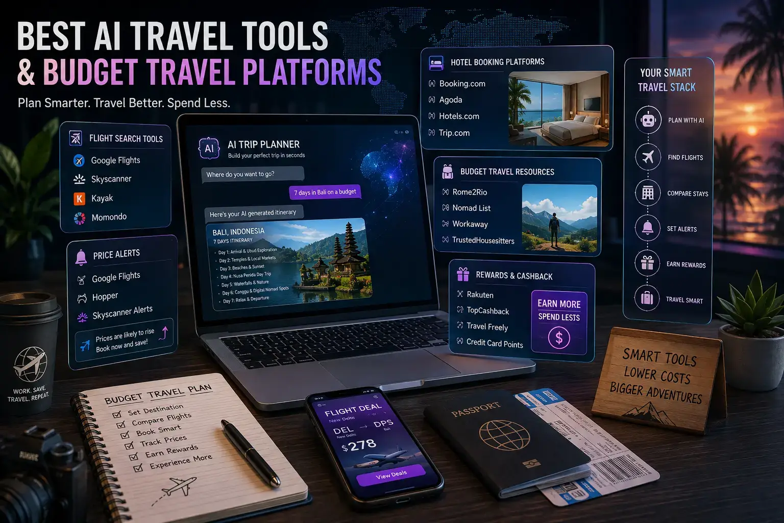 AI travel planning tools, flight search platforms, hotel booking apps, and budget travel resources for modern explorers