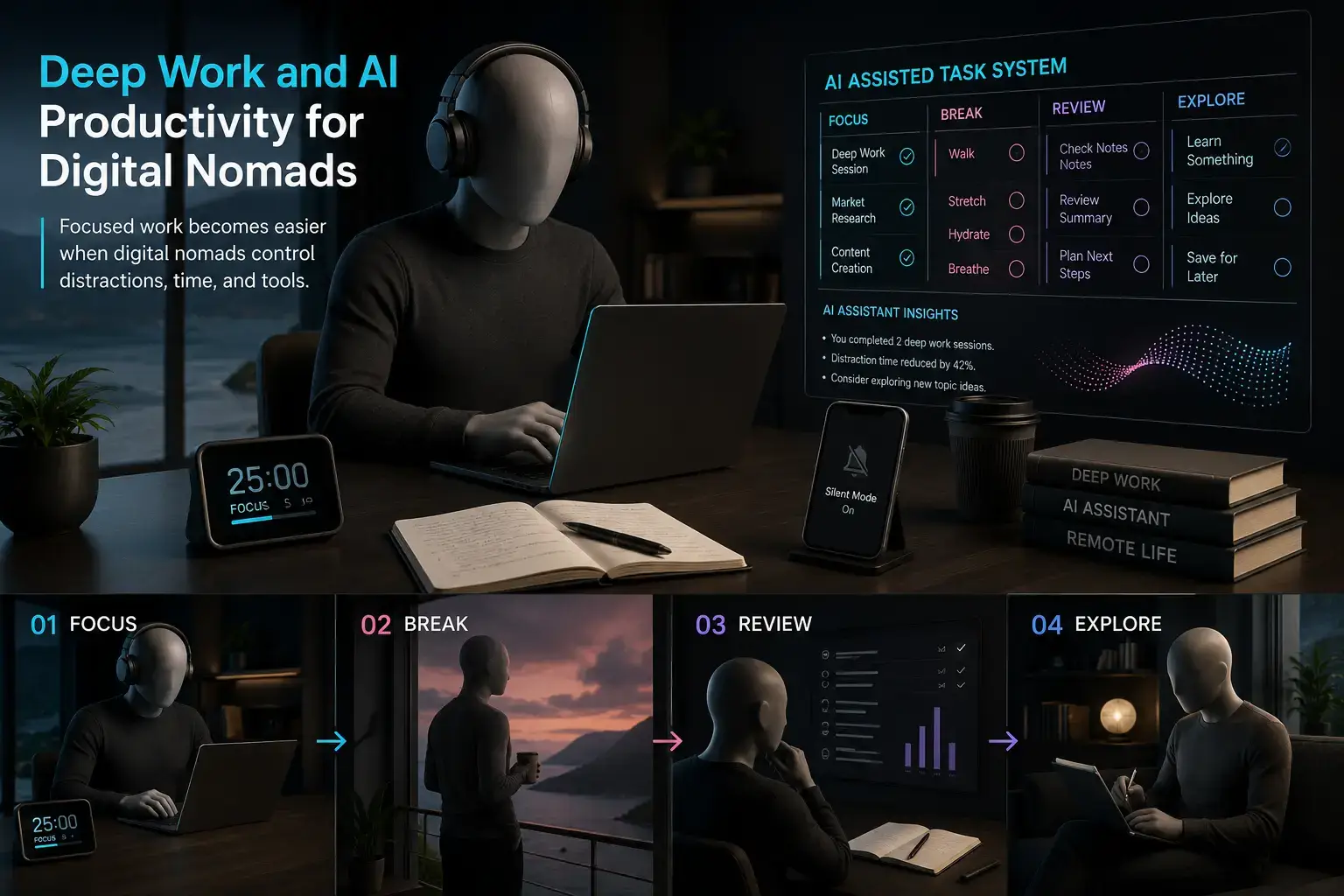 Deep work and AI productivity setup for a digital nomad with laptop, timer, headphones, notebook, and organized task system