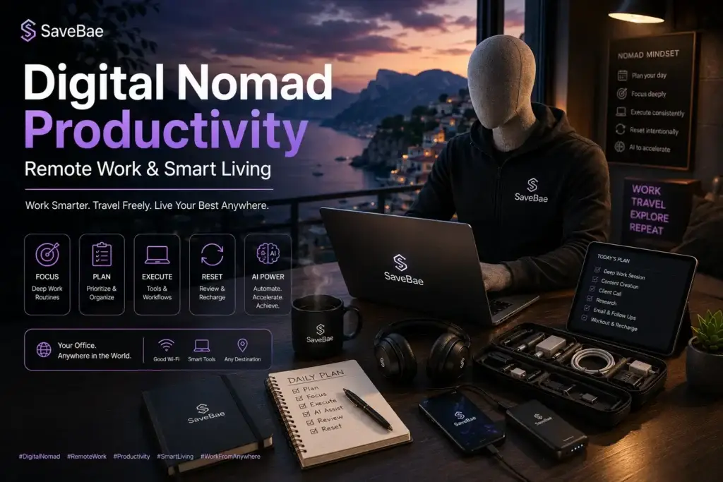 Digital nomad productivity system with a faceless traveler working at a modern mobile workspace featuring laptop, tablet, headphones, planner, smartphone, power bank, and organized travel tech.