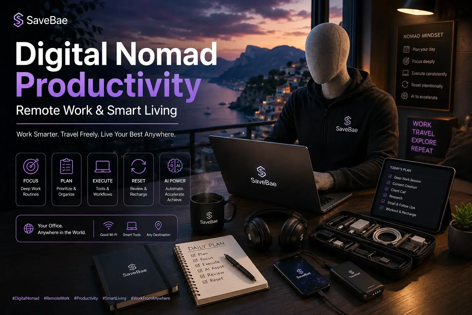 Digital nomad productivity system with a faceless traveler working at a modern mobile workspace featuring laptop, tablet, headphones, planner, smartphone, power bank, and organized travel tech.