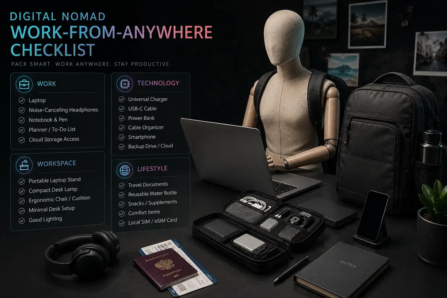 Digital nomad Productivity checklist with laptop, charger, headphones, power bank, smartphone, travel documents, and mobile workspace essentials