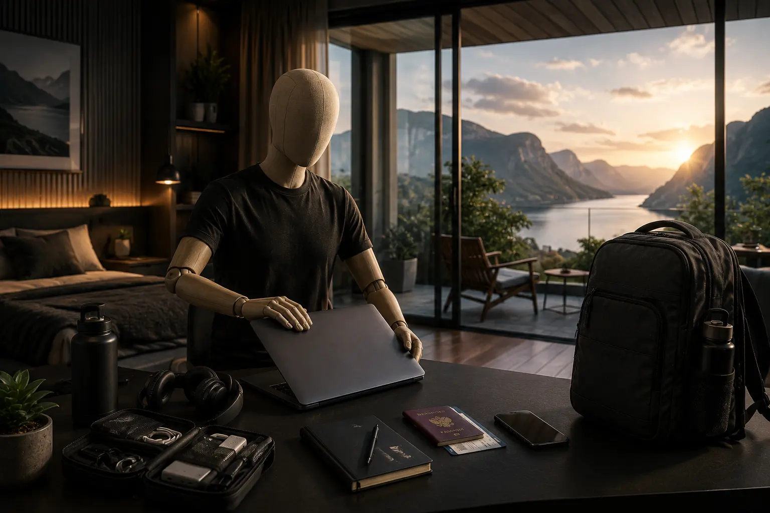 Faceless digital nomad productivity mannequin closing a laptop beside an organized travel backpack while overlooking a scenic destination