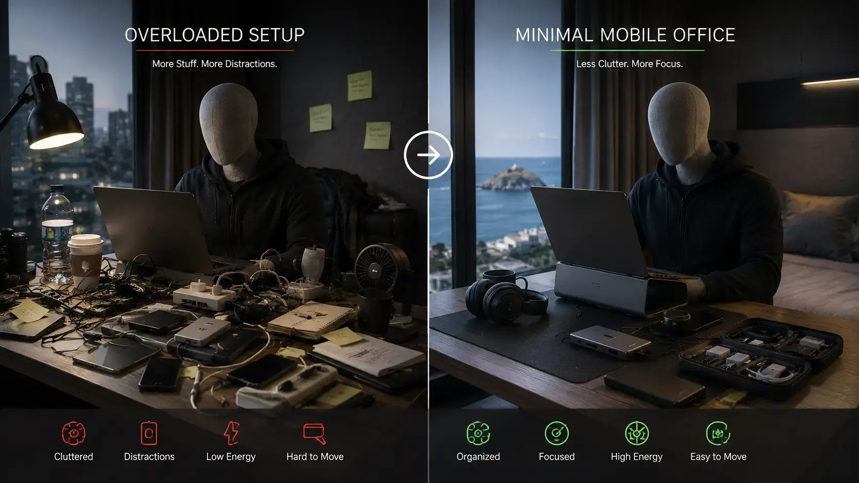 Minimalist digital nomad mobile office with laptop, headphones, charger, USB-C hub, power bank, and organized accessories