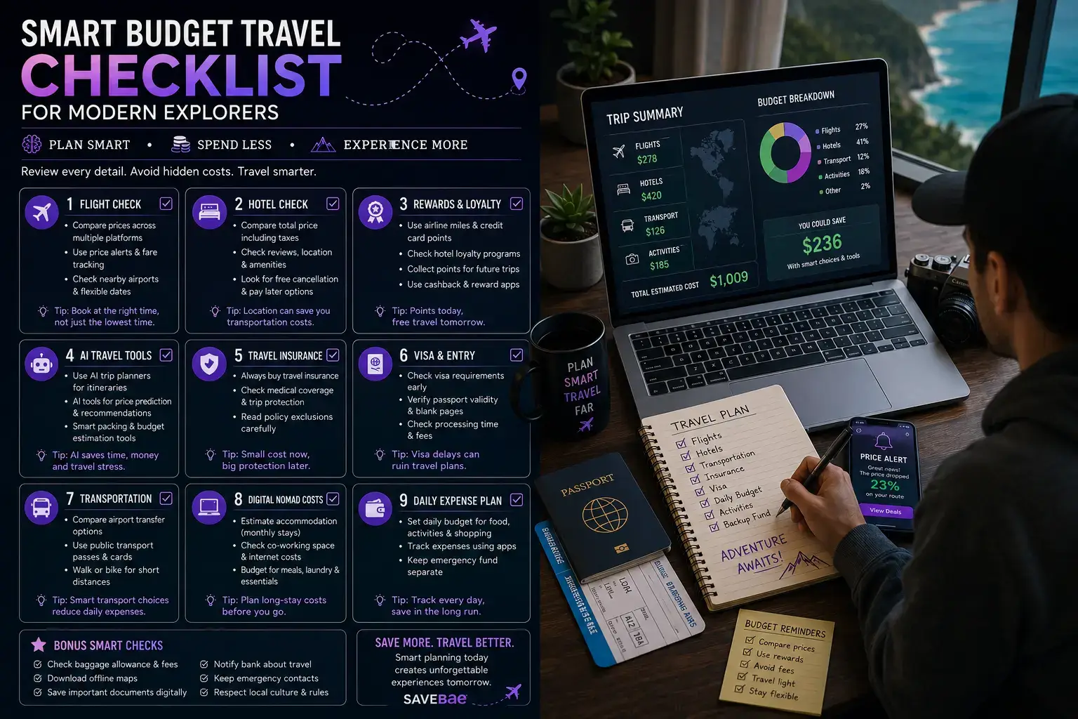 mart budget travel checklist covering flights, hotels, rewards, AI tools, visas, insurance, transportation, and digital nomad expenses