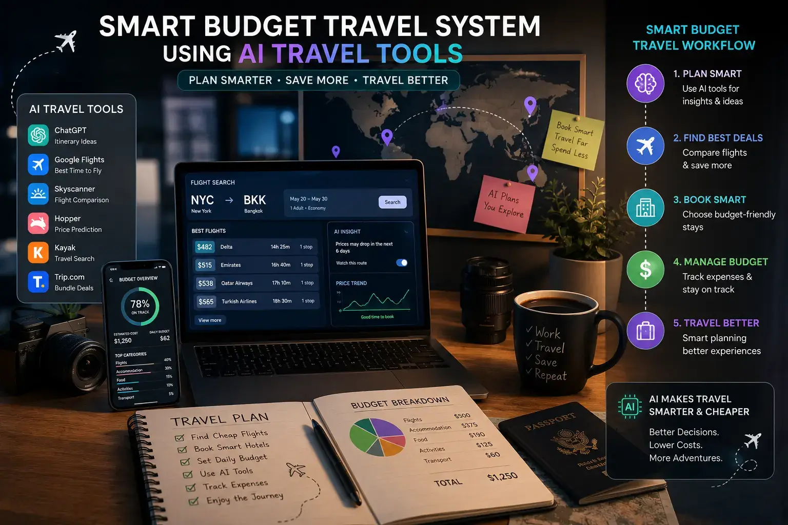Smart Budget Travel Strategies, Traveler planning an affordable trip using AI travel tools, laptop, flight search, hotel booking, and organized travel budget workspace