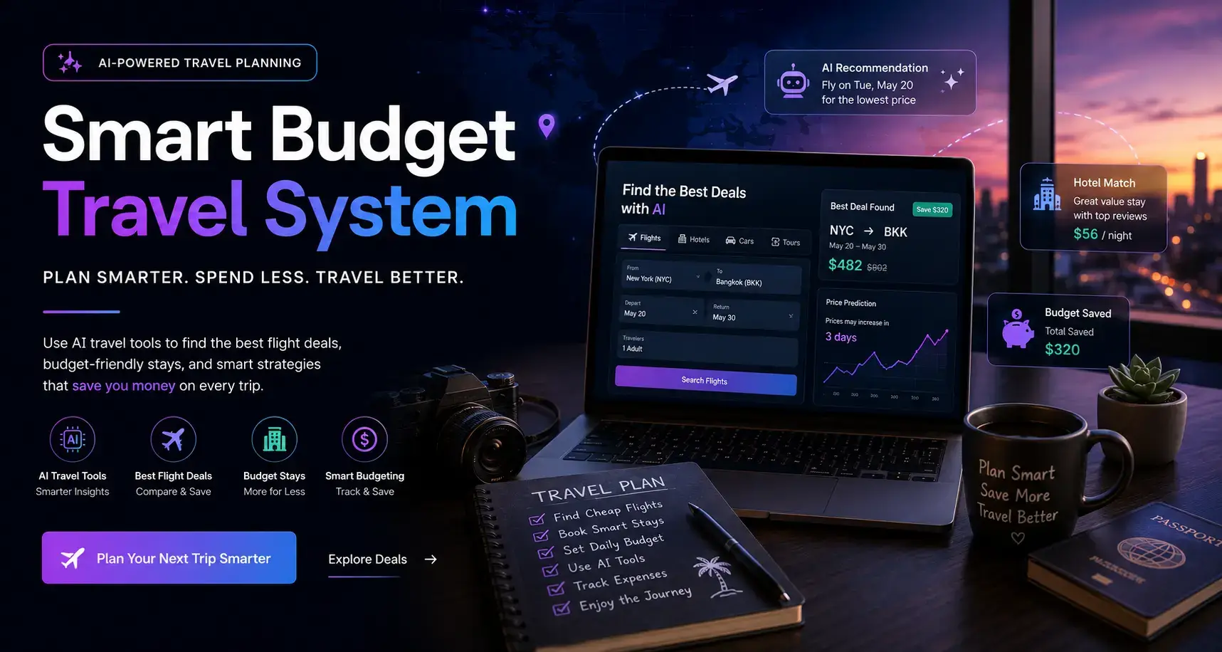 Smart budget travel strategies using AI tools for flight deals, hotel savings, and travel planning